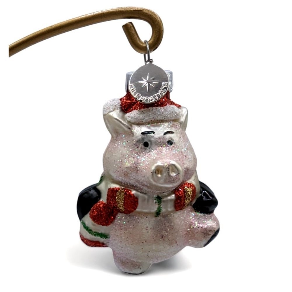 Celebratiqys Glittered Pig Santa Glass 3" Christmas Ornament